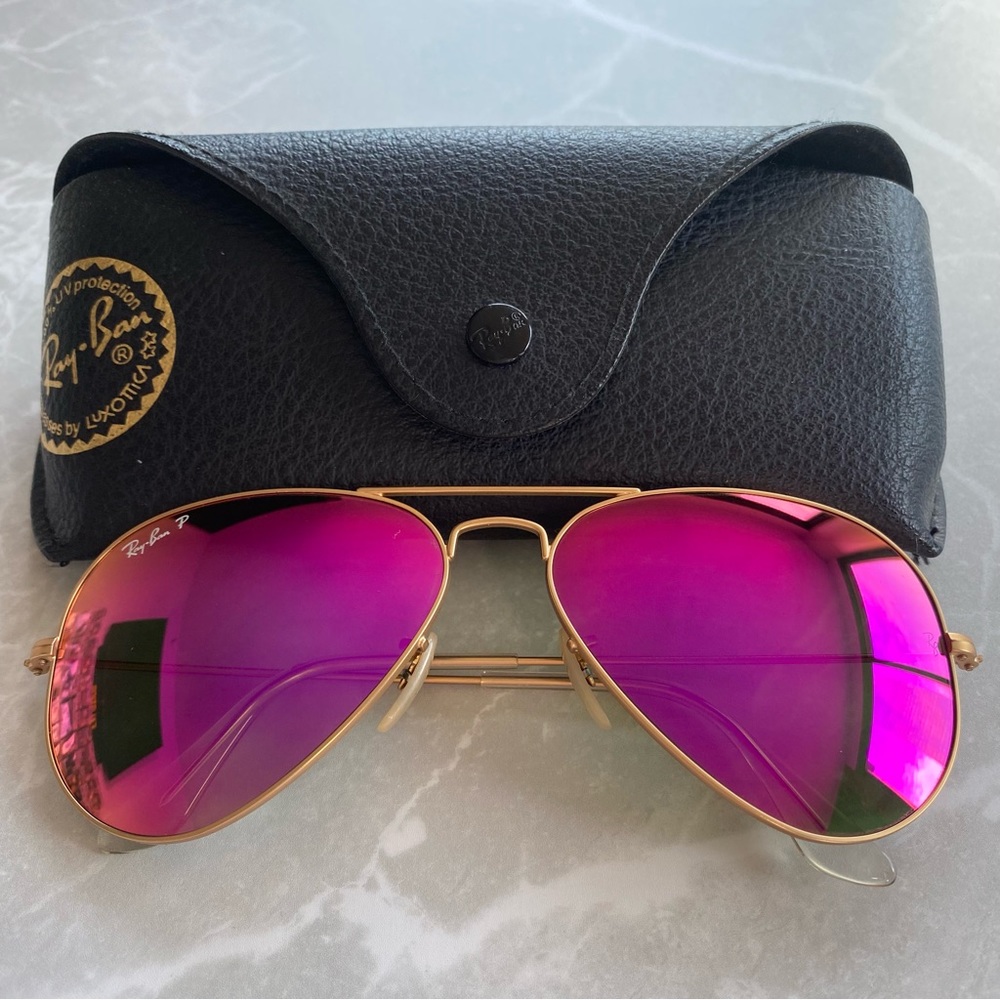 Ray Ban Pink Mirror Aviators Polarized with Gold Frame